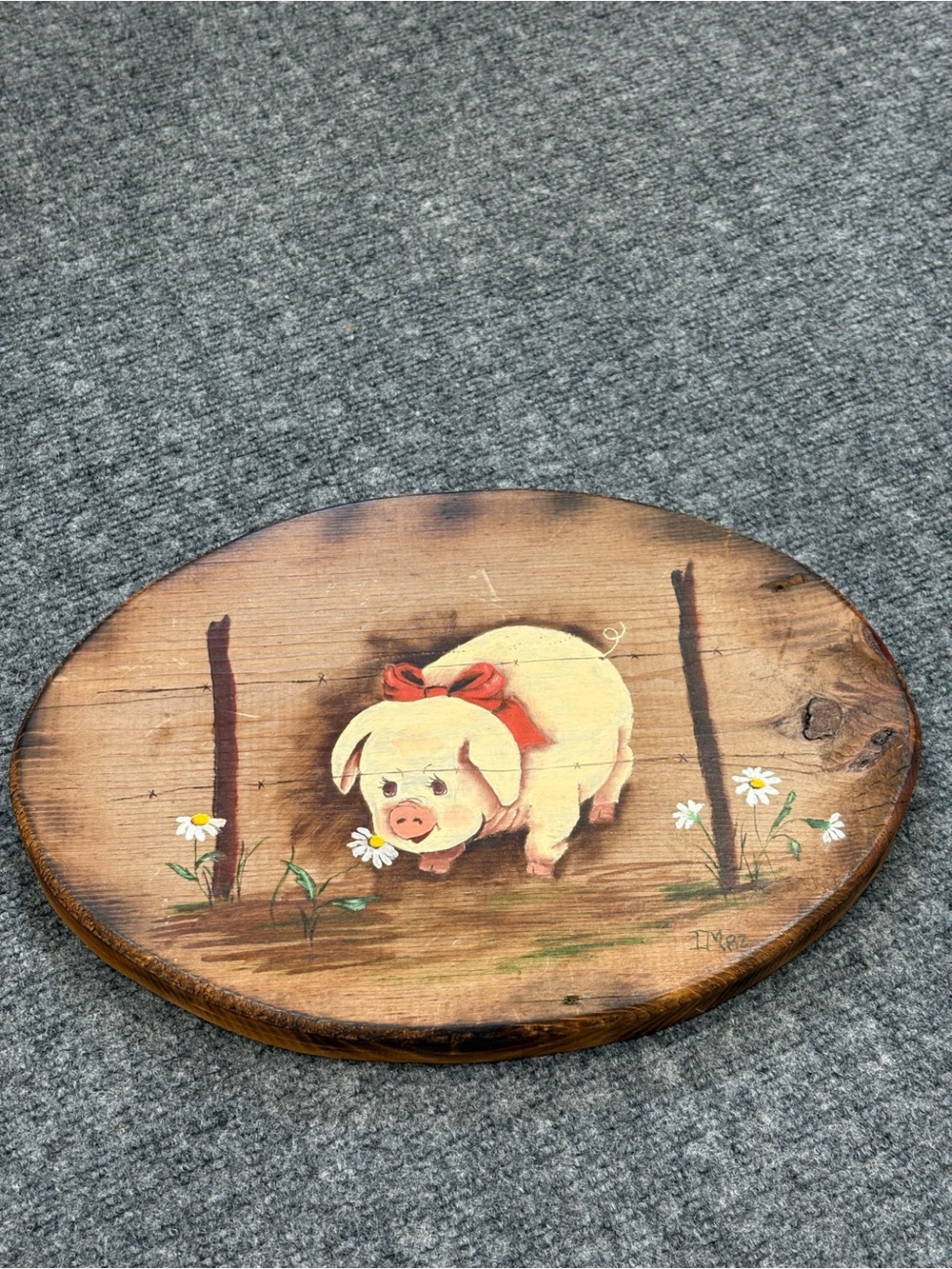 Whimsical Piglet Wood Art Plaque in Cream and Pink